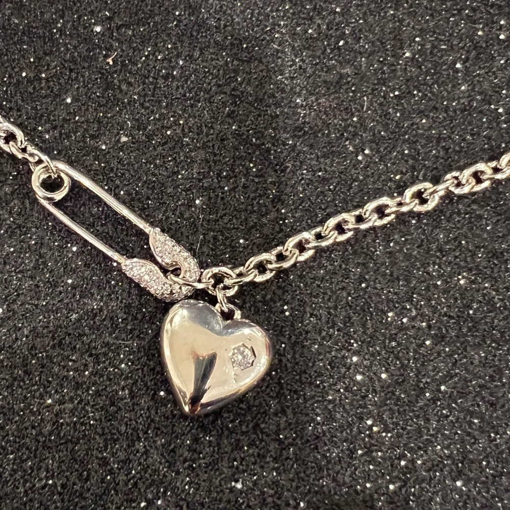 💎New Sterling Silver Pin & Heart CZ Crystal Necklace - Picture 2 of 6